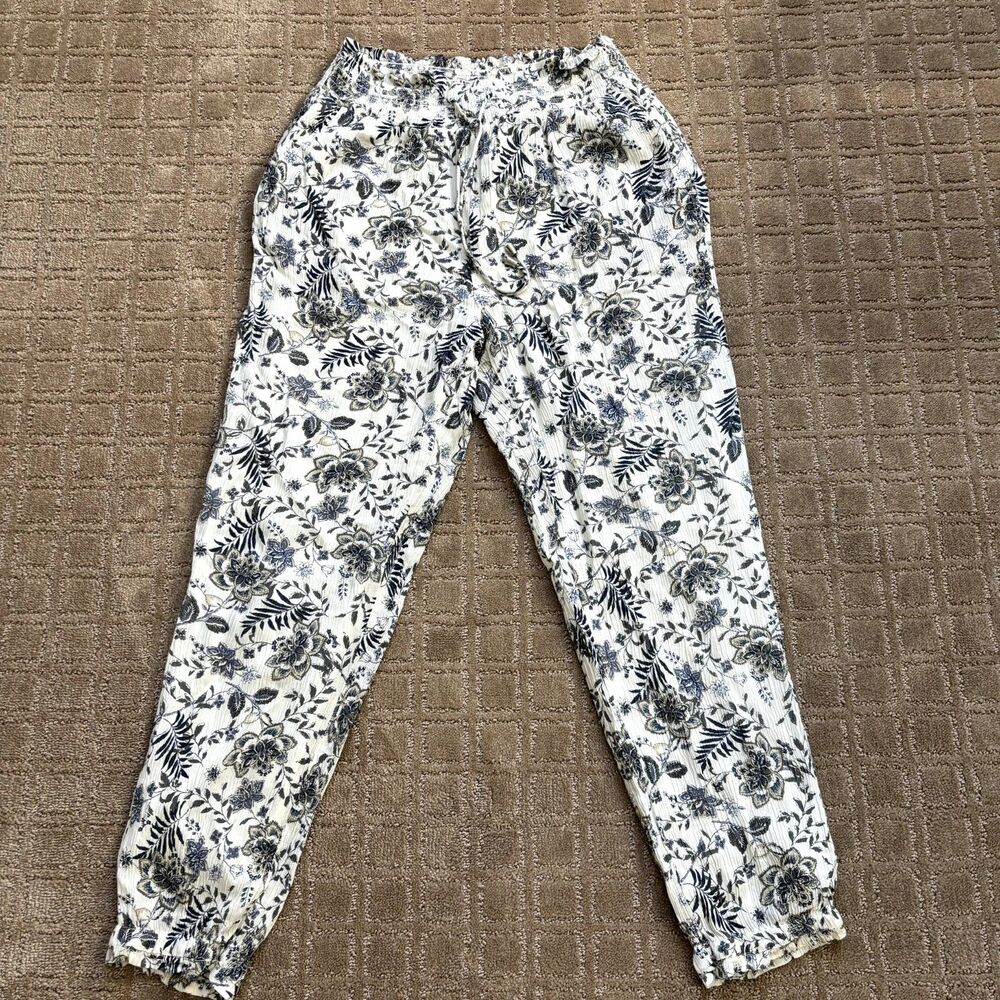 American Eagle Floral Joggers Pants Women's S White Blue Pull On Elastic Cottage